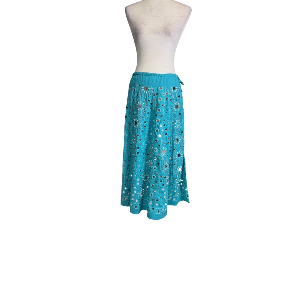 Soft Surroundings NWT Turquoise Mirror Embroidered Boho Maxi Skirt Petite S